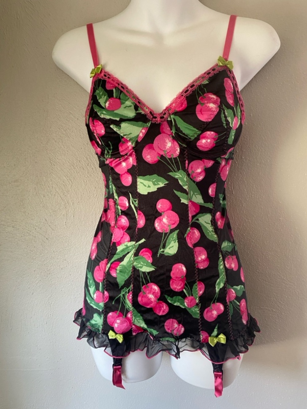 Victoria's Secret Black Cherry Print Chemise with Pink & Green Accents